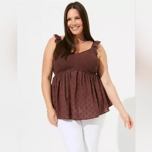 Torrid Brown Babydoll Cotton Clip Dot Smocked Bodice Tank Top - Picture 1 of 9